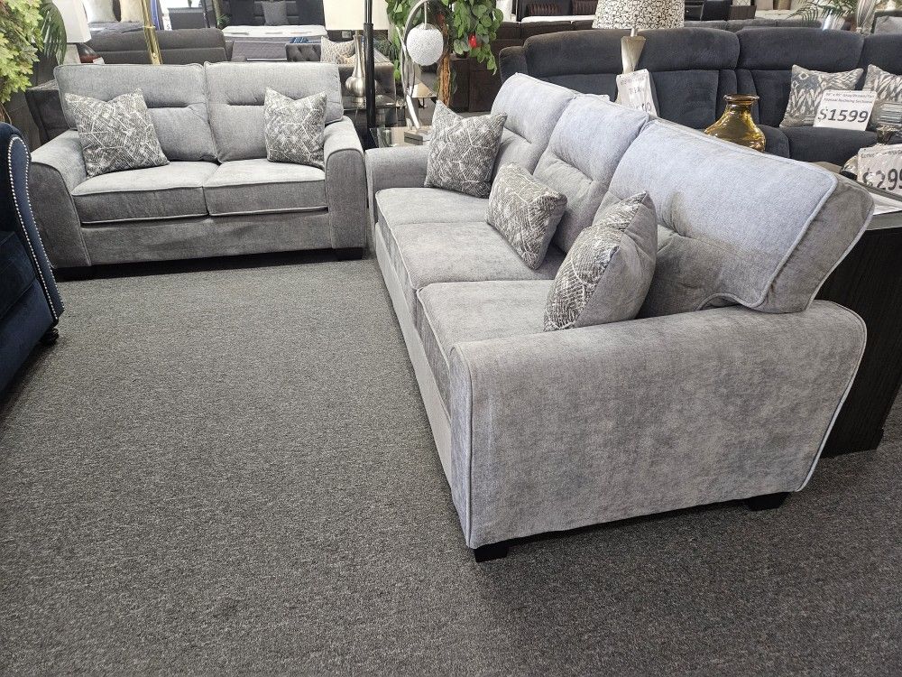 Brand New Light Gray Chenille Sofa + Loveseat 2PCs Set