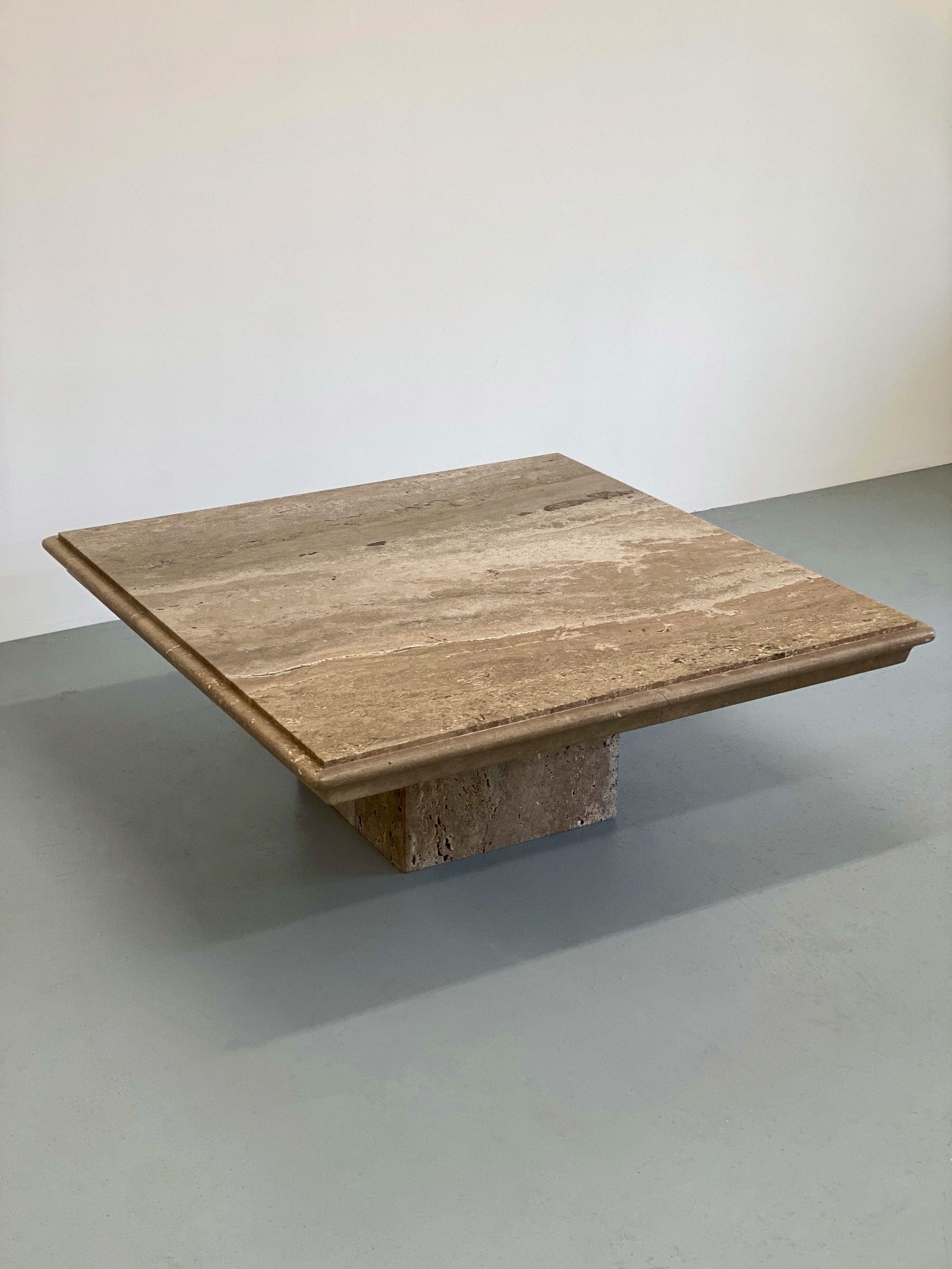 80’s Walnut Travertine Square Pedestal Coffee Table By Stone International