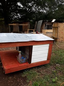 Dog house with porch and dog flap door