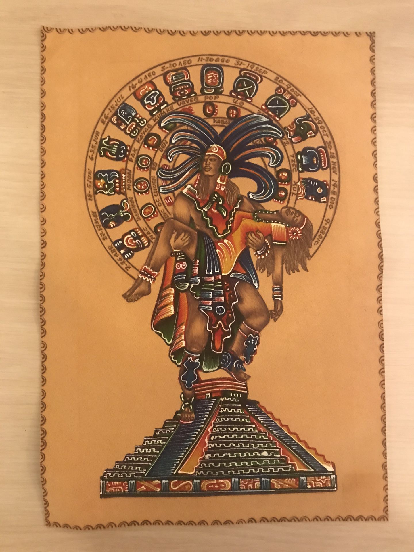 Mayan Aztec Acrylic Painting on Leather - Popocatépetl and Iztaccíhuatl "Eternal Love"