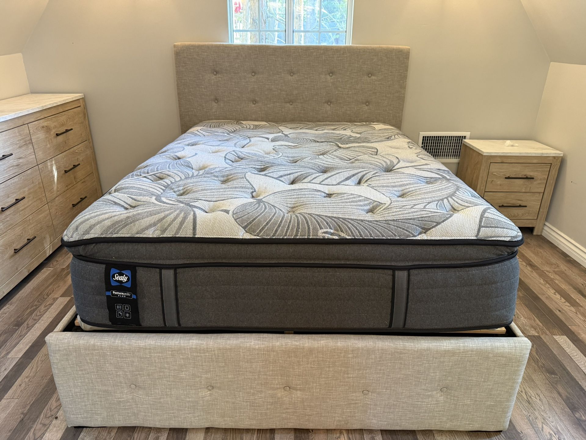 Ashley Furniture Queen Mattress w/ Bed Frame, Storage, Head Board And Dressers With Night Stands 
