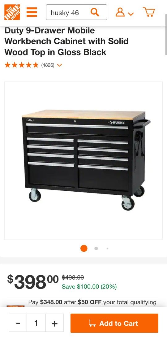 Husky 46" Workbench 9 Drawer Toolbox w/ Pegboard
