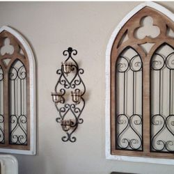 Beautiful Pair Of Arched Wood And Wrought Iron Wall Hangings Decor