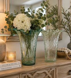 Hand-Blown Aqua Glass Vases | Coordinating Pair | Organic Modern Décor