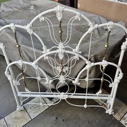 Vintage Elliott’s Design White Enameled Iron and Brass Full Size Bed Headboard