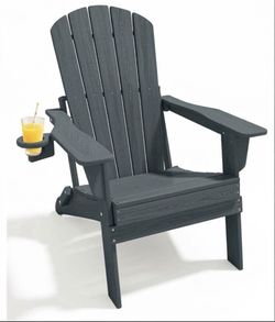 HDPE Folding Adirondack Chair with Cup Holders,Dark Grey Portable Outdoor Chair, Durable All-Weather Space-Saving Fire Pit Chair for Camping, Backyar
