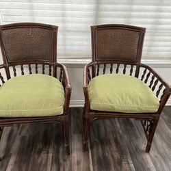 2 Mitchell Gold/Bob Williams Rattan Armchairs W/Green Cushion