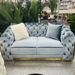 Velvet Grey and Gold Loveseat A001