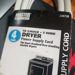 DRYER POWER SUPPLY CORD, 10 GSUGE ,3 WIRE, 4 FOOT, BRAND NEW