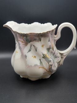 Antique R S Germany Porcelain Pitcher With White Flowers And Gold Details