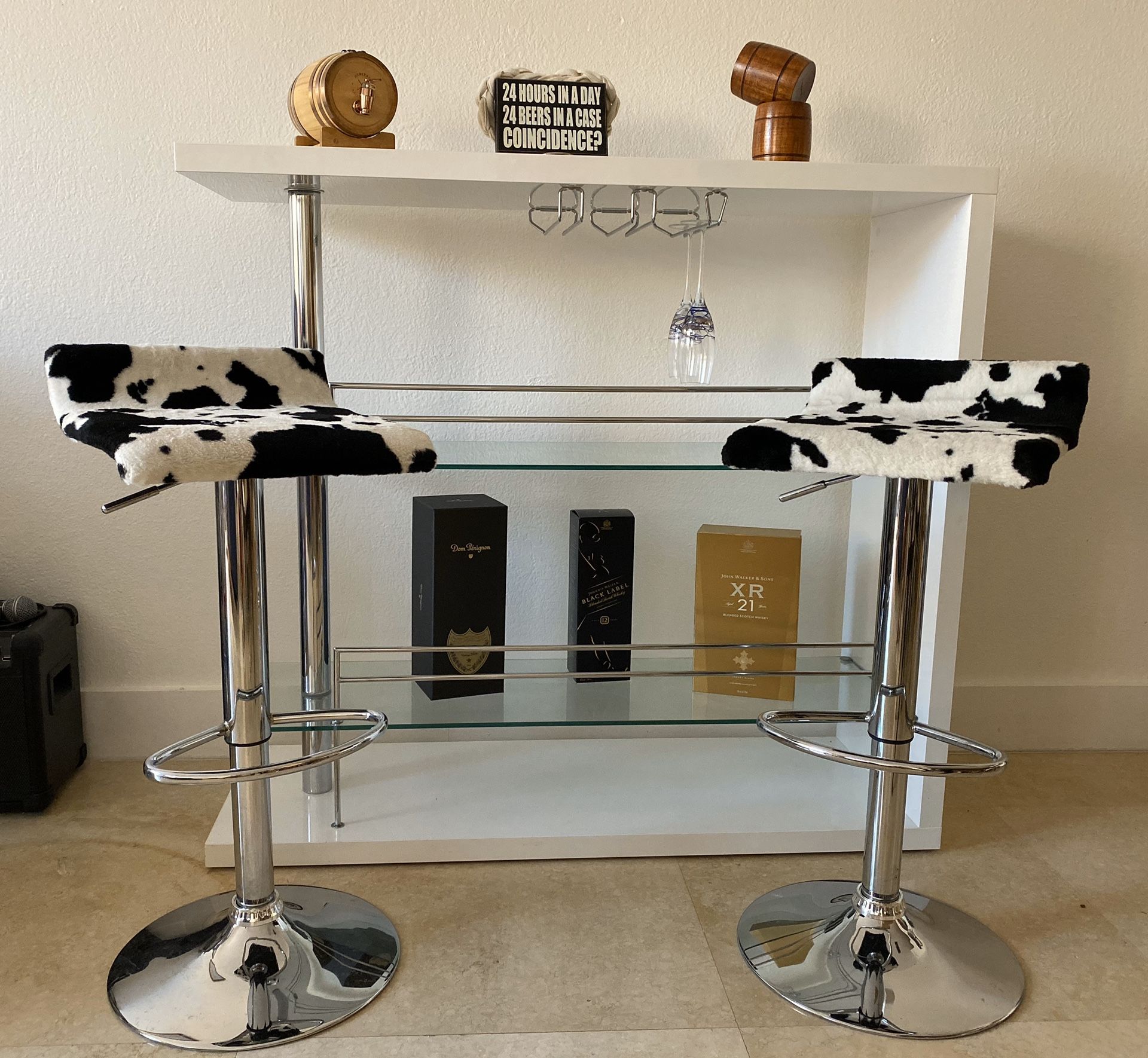 Cow print modern swivel bar stools with adjustable height, foot rest and stainless steel base