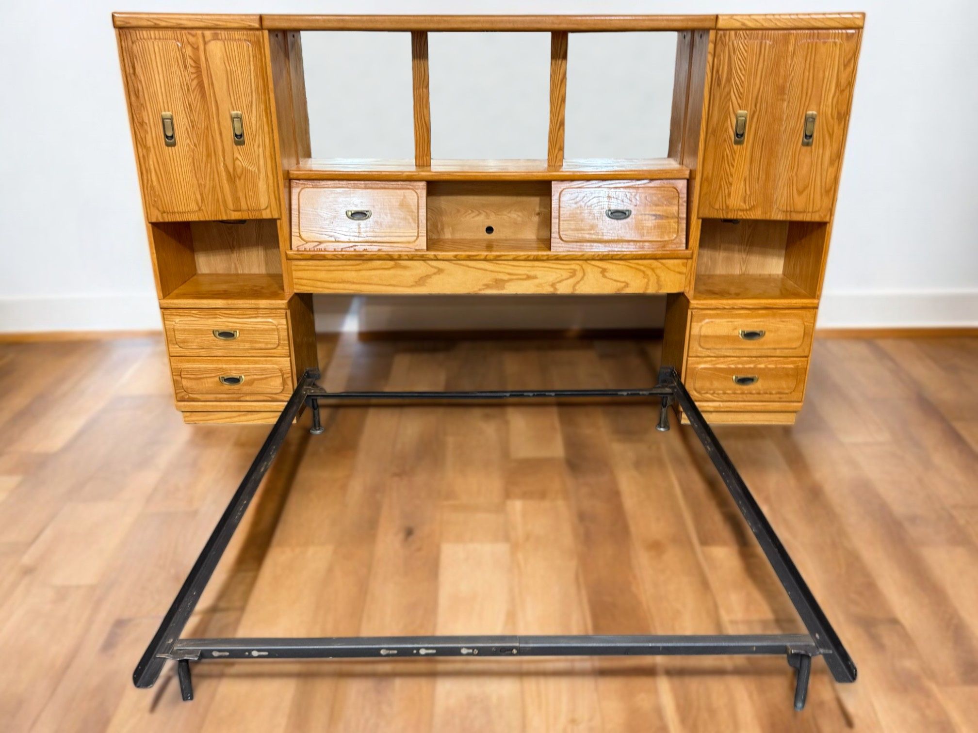 Light Brown Storage Headboard & Metal Bed Frame Set