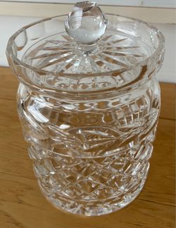 Covered glass fancy candy container, 6” tallX5” diameter.