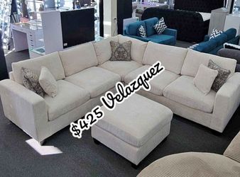 ✅️✅️️✅️4 pc ivory cordury fabric upholstered sectional sofa with ottoman✅️✅️