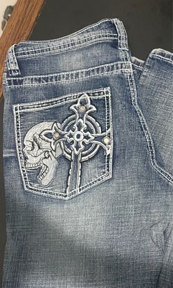 Embroidered Skull Cross Denim Jeans