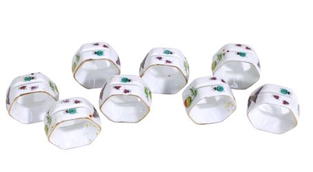 Vintage Set of 8 Vintage Porcelain Hexagonal Napkin Rings with Insect and Fruit Motifs