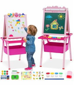 Kids Art Easel,Double-Sided Wooden Easel for Kids with Paper Roll,Height Adjustable Standing Easel with Puzzle Tangram Toys,Storage Box and Other Acce