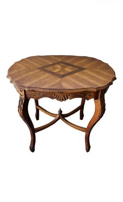 Antique Carved Walnut Accent Table / Side End Table. Featuring wavy, marquetry inlaid top and cabroile legs