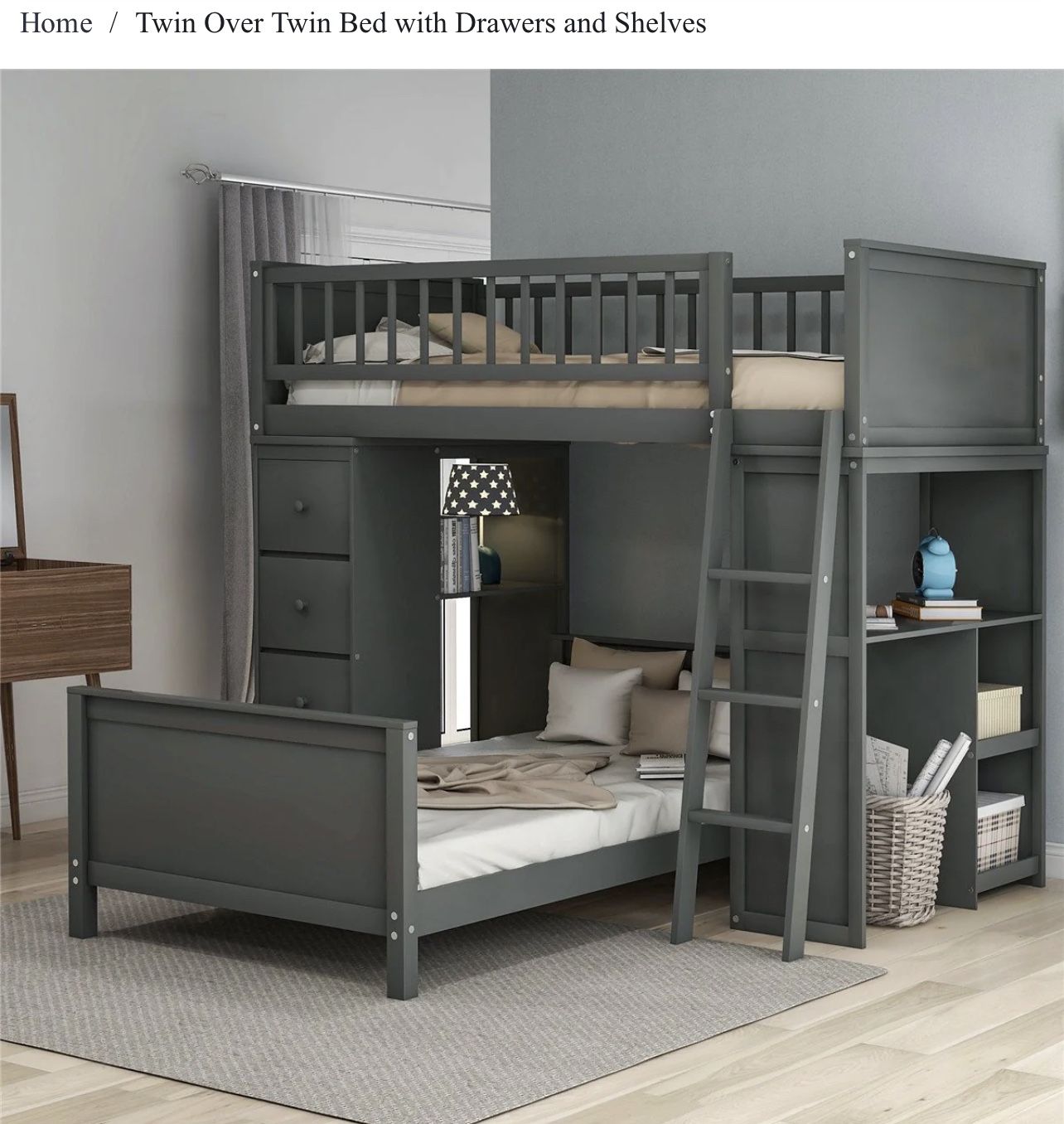 Twin Over Twin Bed with Drawers and Shelves