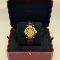 Pasha de Cartier 18k yellow gold Automatic 35mm Burgundy Leather Band 1035 Smooth Bezel Ivory Roman Dial 18k Deployment Buckle Watch box appraisal