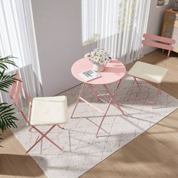 3-Piece Pink Metal Folding Bistro Set with Cushions