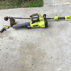 Ryobi  Battery operated blower and weedeater Works Perfect very good condition Charger Volt Battery