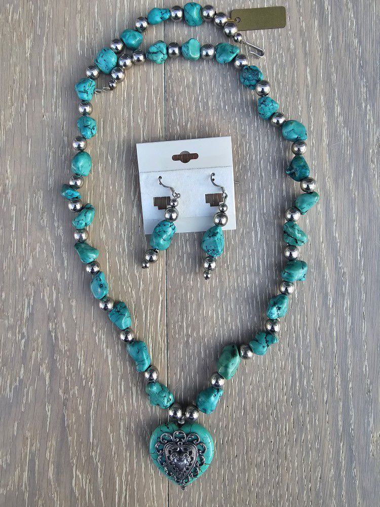 Blue Turquoise Navajo Earrings & Necklace Set 24"