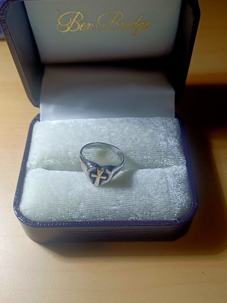 Vintage Retired James Avery Sterling Silver 14k Gold Cross Heart Ring Women's Size 7.5
