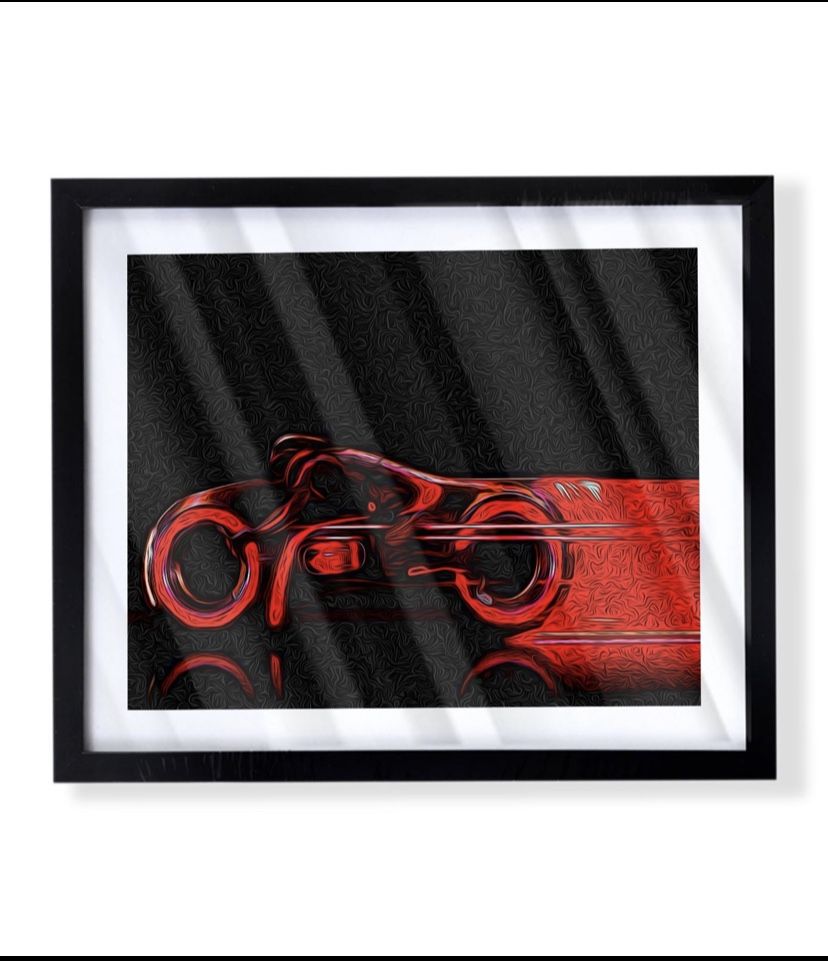 Custom art piece of red tron bike on black frame
