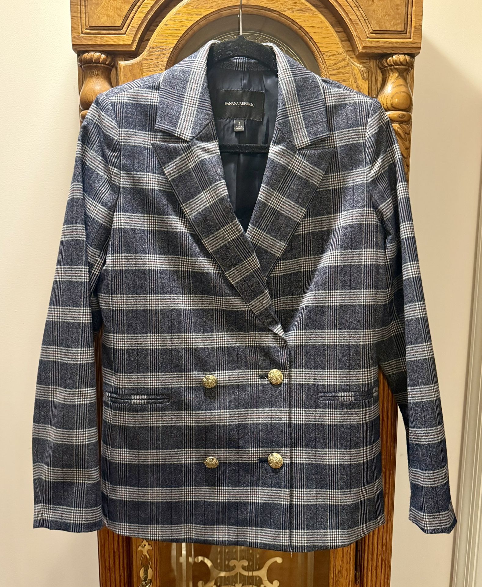 Banana Republic Blazer Size 2 Double Breasted Midnight Plaid Cool Career Office