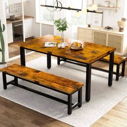  Dining Room Table Set, Kitchen Set with 2 Benches, Ideal for Home, and Room, Breakfast of 43.3x23.6x28.5 inches, Benches 38.5x11.8x17.5 Industrial Br