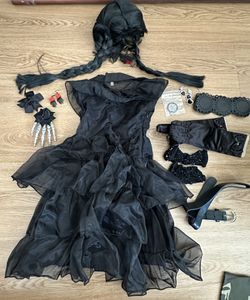 Girls Sz 100/ 4T Black Dress Halloween Cosplay Outfit Wig Belt Jewelry Gloves