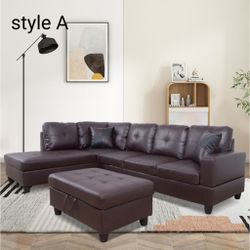 Brown Faux Leather 3 Seater Sectional Sofa With Ottoman 