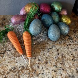 Easter Glitter Fillable Eggs Set Of 15 And 2 Paper Mache Carrots 