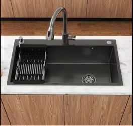 30in Inch Black Stainless Steel Workstation Single Bowl Kitchen Sink with Pull-out Faucet, Drying Rack & Drain Kit, One-step Installation
