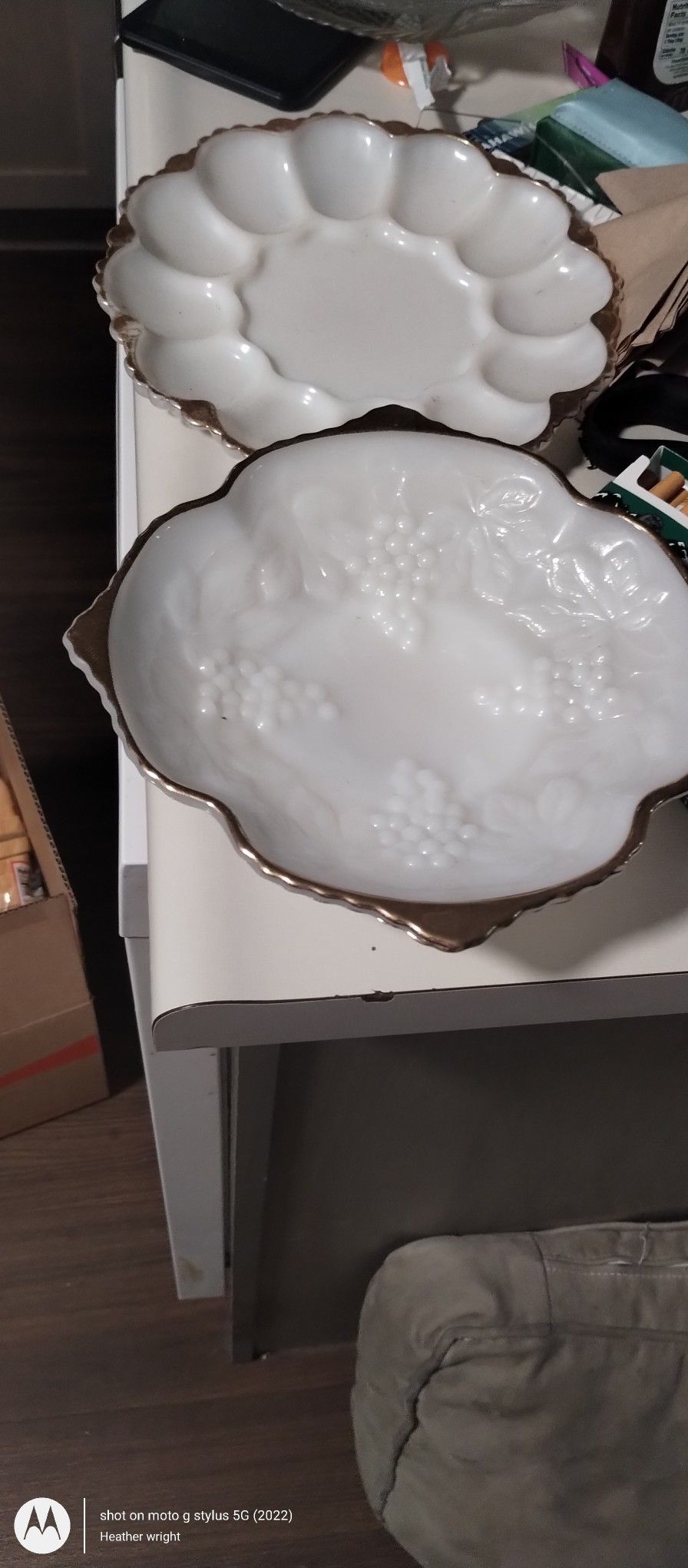 A Set Of Two Antique Vintage Milk Glass Bowl And Snack Plate With Gold Around The Rims