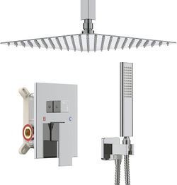 10" 2 Spray Ceiling Mount Rain Shower System with Hand held Bathroom Polished Chrome Shower Set Contain Shower Faucet Mixer Rough-in Valve Cartridge B
