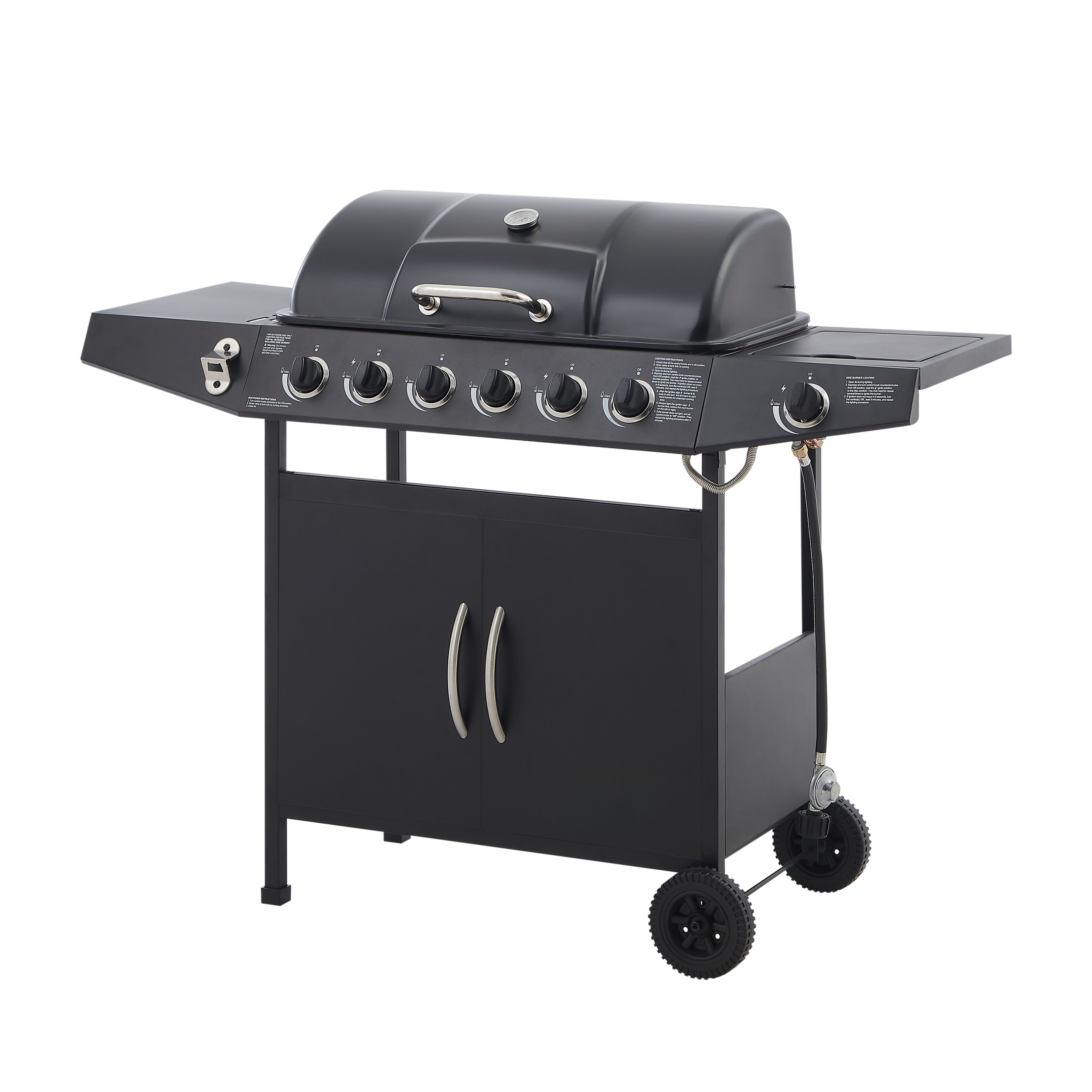 6 Burner BBQ Propane Gas Grill with Side Burner 59000 BTU Output Stainless Steel Barbecue Grill with Enamel-Coated Grates and Side Tables for Outdoor