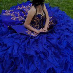 charro royal blue and gold quince dress