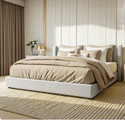 White King Upholstered Platform Drawer Storage Bed with Wingback Headboard
