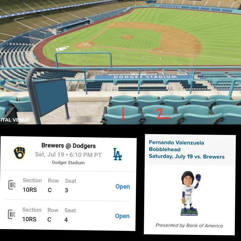 2 Aisle Seats On Reserve 10 Row C on 7/19/25.  Fernando Valenzuela Bobblehead Giveaway.  $120 Each