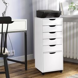 5-Drawer Organizer with Bottom Cabinet Storage, Tall Chest of Drawers with Caster Wheels, Storage Cabinet for Home Office, White