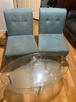 Mid-Century Accent Chairs + Glass Coffee Table Bundle – $70 for the Set
