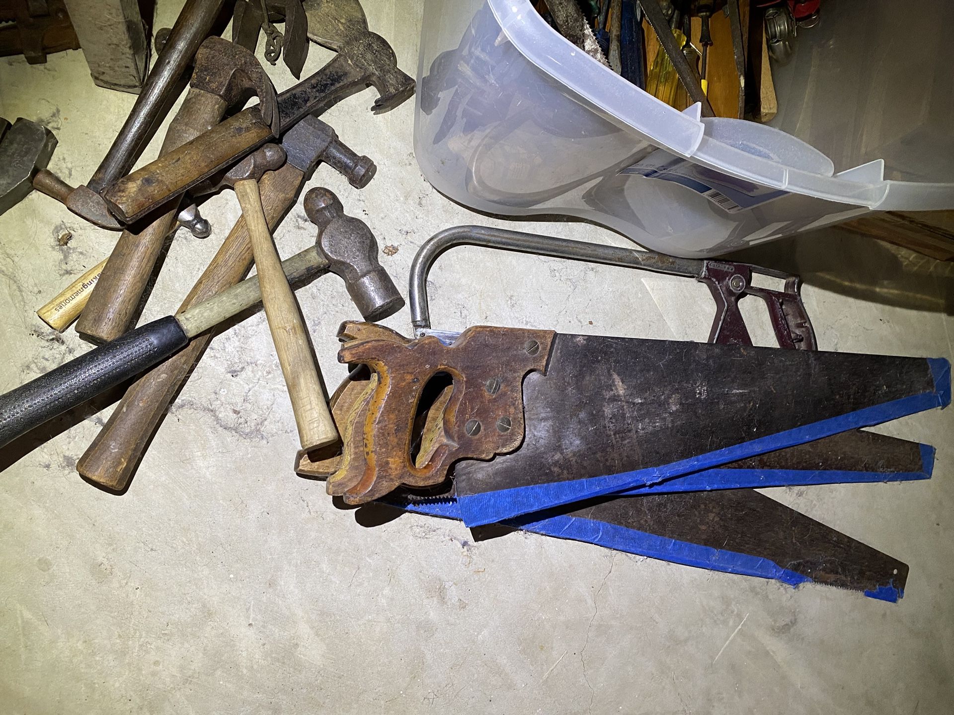 Large Bin of Misc. Hand tools used. Saws,wrenches, screw drivers,pliers hammers ect