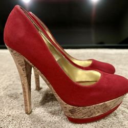 Red Velvet Cork Bottom Platform Heels Pumps - Size 6.5