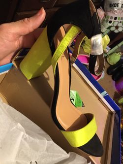 Black and yellow block heel shoe