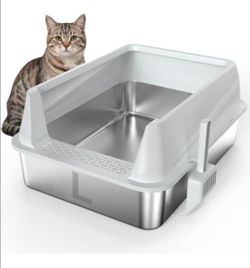 AIperro Stainless Steel Litter Box with Lid – High-Sided Metal Cat Litter Box