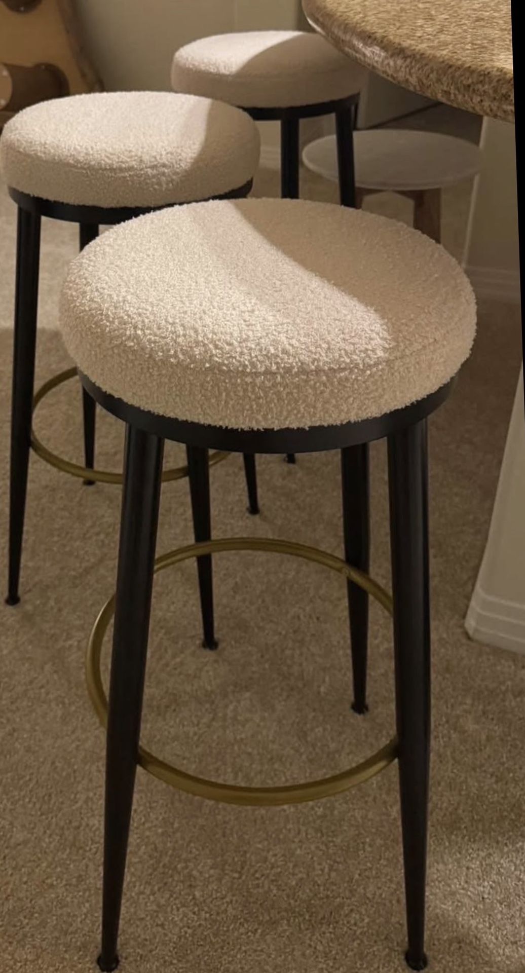 3 Beige Boucle Bar Height Stools - Like New! 