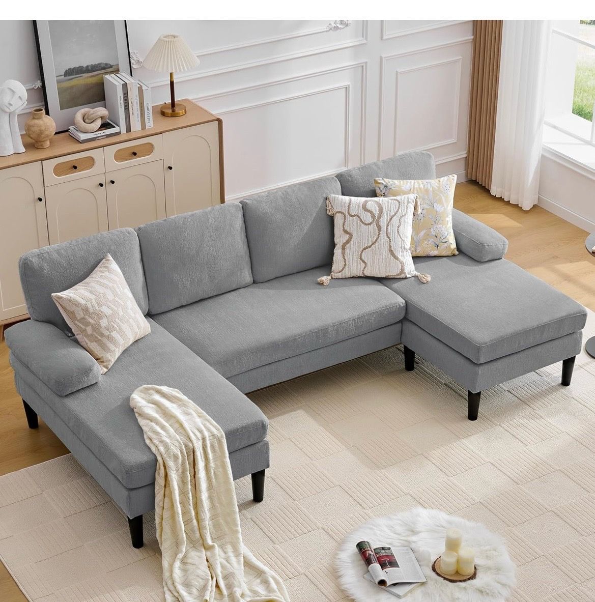 Open Box-101" U-Shape Sectional Couch for Living Room, 4 Seat Sofa with Removable Pillows, Modern Chenille Fabric Sets with Double Chaise Lounges for