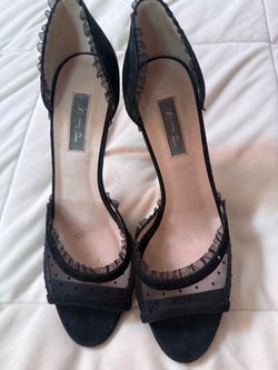 SJP Black Suede Mesh Ruffle Heels
